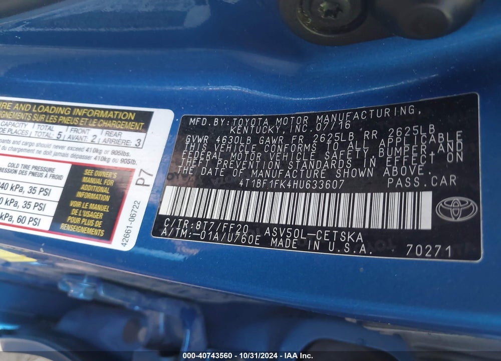 2017 TOYOTA CAMRY SE VIN: 4T1BF1FK4HU633607
