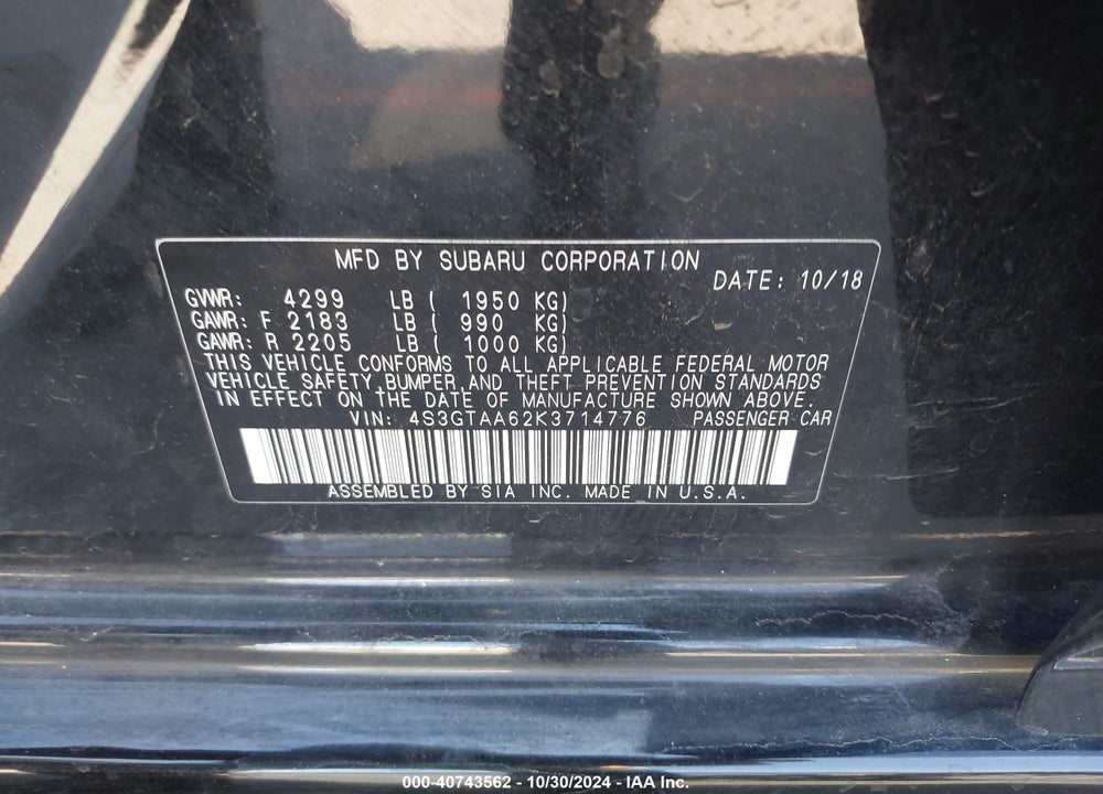 2019 SUBARU IMPREZA 2.0I VIN: 4S3GTAA62K3714776