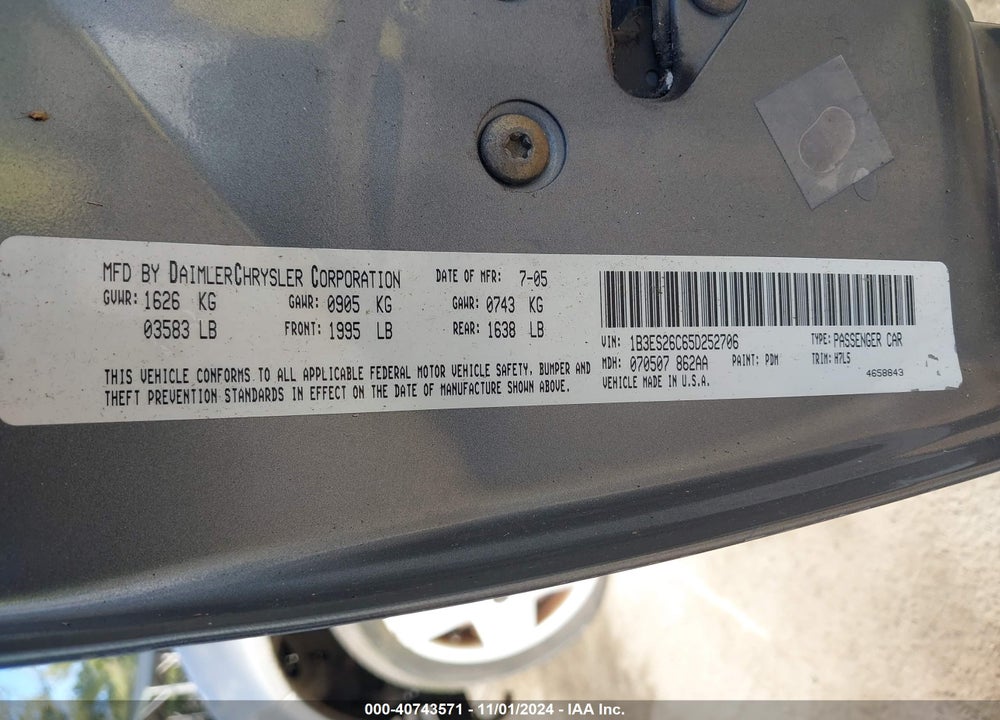 2005 DODGE NEON SE VIN: 1B3ES26C65D252706