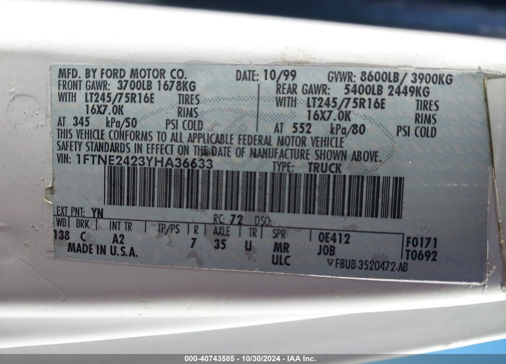 2000 FORD E-250 COMMERCIAL VIN: 1FTNE2423YHA36633