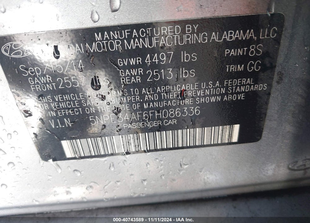 2015 HYUNDAI SONATA SPORT VIN: 5NPE34AF6FH086336