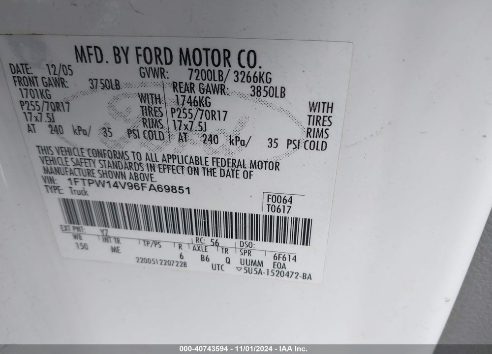 2006 FORD F-150 FX4/LARIAT/XLT VIN: 1FTPW14V96FA69851