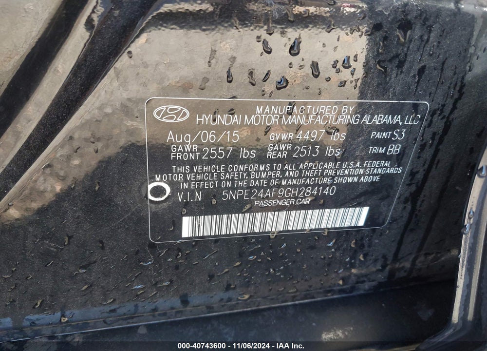 2016 HYUNDAI SONATA VIN: 5NPE24AF9GH284140