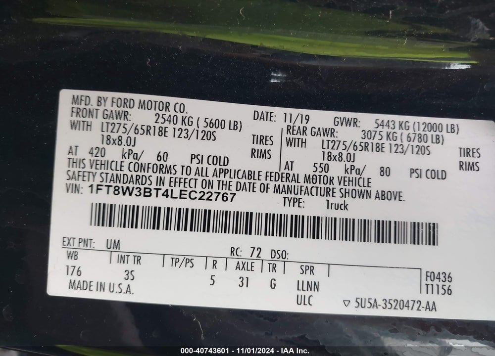 2020 FORD F-350 XLT VIN: 1FT8W3BT4LEC22767