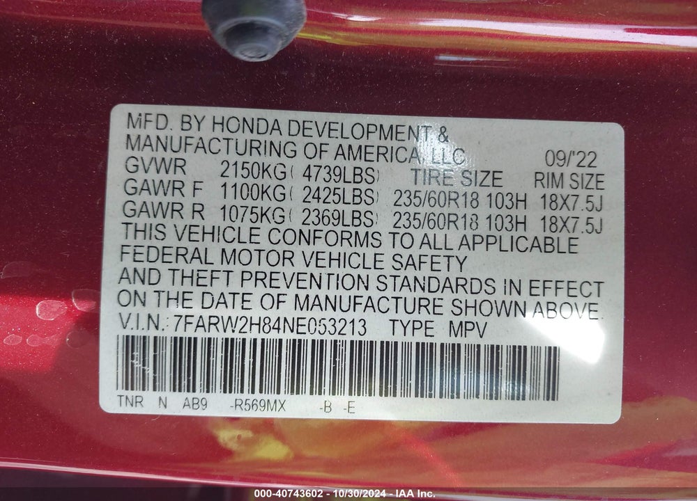2022 HONDA CR-V AWD EX-L VIN: 7FARW2H84NE053213