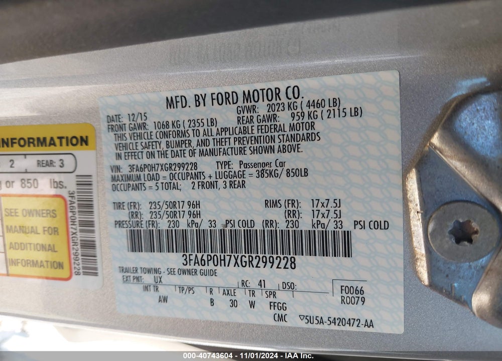 2016 FORD FUSION SE VIN: 3FA6P0H7XGR299228