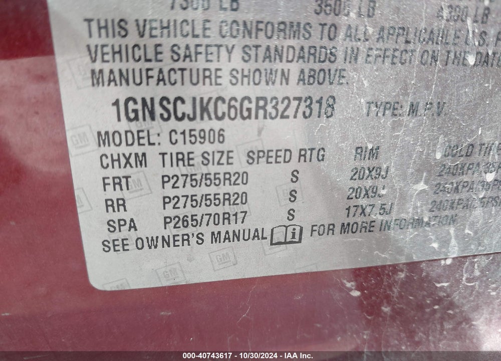 2016 CHEVROLET SUBURBAN LTZ VIN: 1GNSCJKC6GR327318