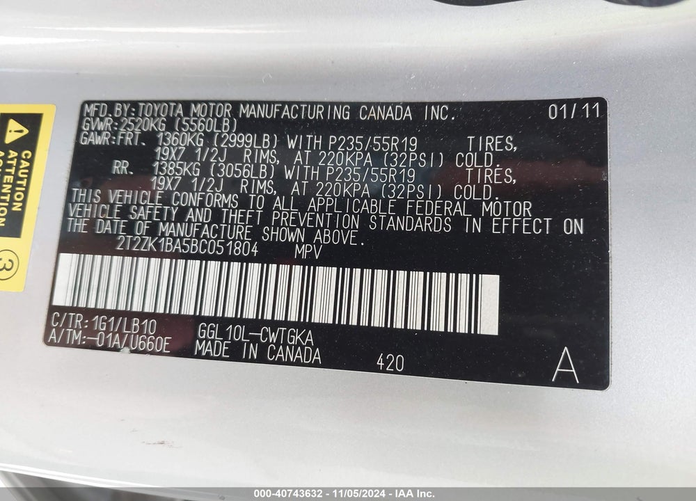 2011 LEXUS RX 350 VIN: 2T2ZK1BA5BC051804