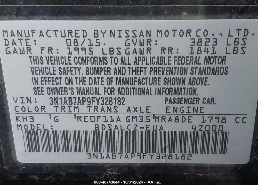 2015 NISSAN SENTRA S VIN: 3N1AB7AP9FY328182