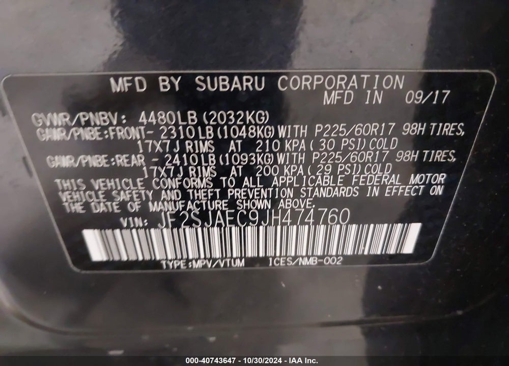 2018 SUBARU FORESTER 2.5I PREMIUM VIN: JF2SJAEC9JH474760