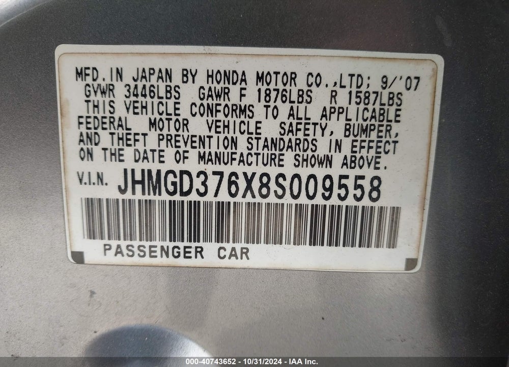 2008 HONDA FIT SPORT VIN: JHMGD376X8S009558