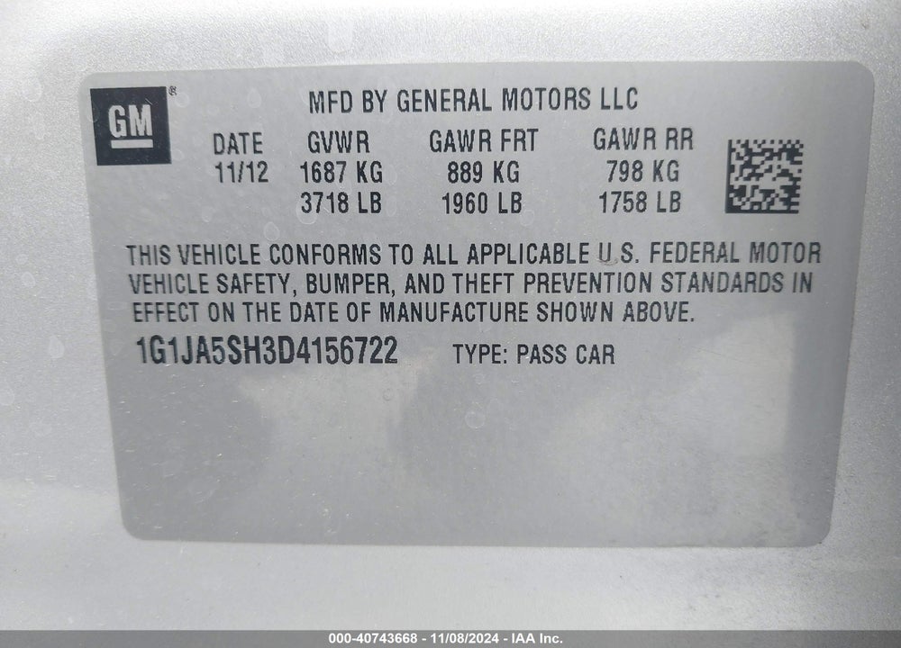 2013 CHEVROLET SONIC LS AUTO VIN: 1G1JA5SH3D4156722