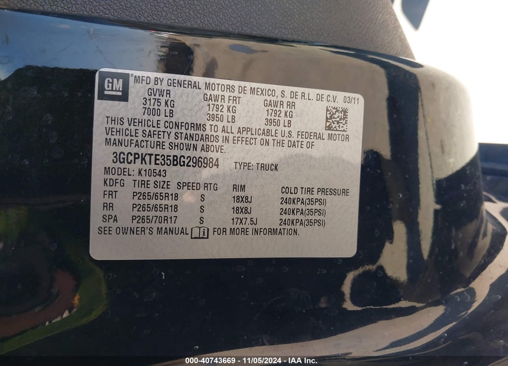 2011 CHEVROLET SILVERADO 1500 LTZ VIN: 3GCPKTE35BG296984