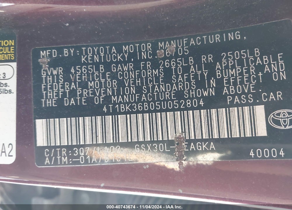 2005 TOYOTA AVALON XLS VIN: 4T1BK36B05U052804