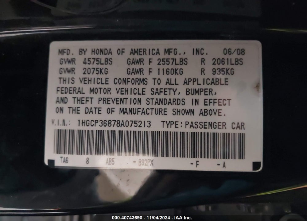 2008 HONDA ACCORD 3.5 EX-L VIN: 1HGCP36878A075213