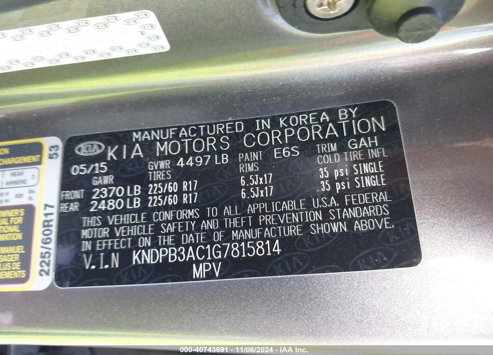 2016 KIA SPORTAGE LX VIN: KNDPB3AC1G7815814