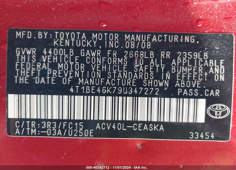 2009 TOYOTA CAMRY SE VIN: 4T1BE46K79U347272