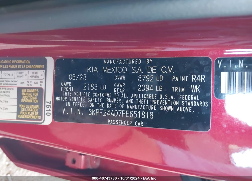 2023 KIA FORTE LXS VIN: 3KPF24AD7PE651818