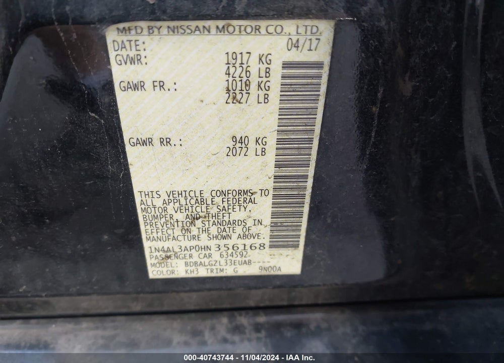2017 NISSAN ALTIMA 2.5 S VIN: 1N4AL3AP0HN356168