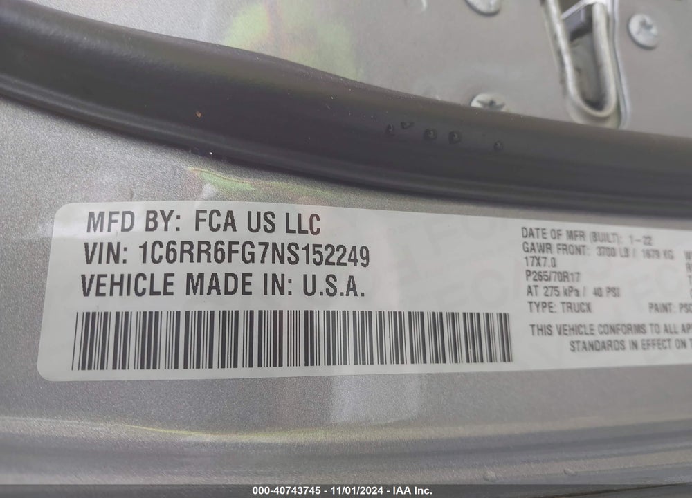 2022 RAM 1500 CLASSIC VIN: 1C6RR6FG7NS152249
