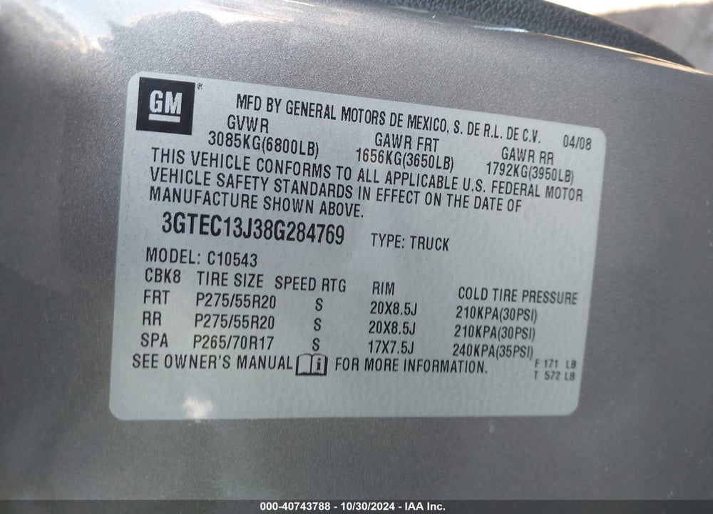 2008 GMC SIERRA 1500 SLE1 VIN: 3GTEC13J38G284769