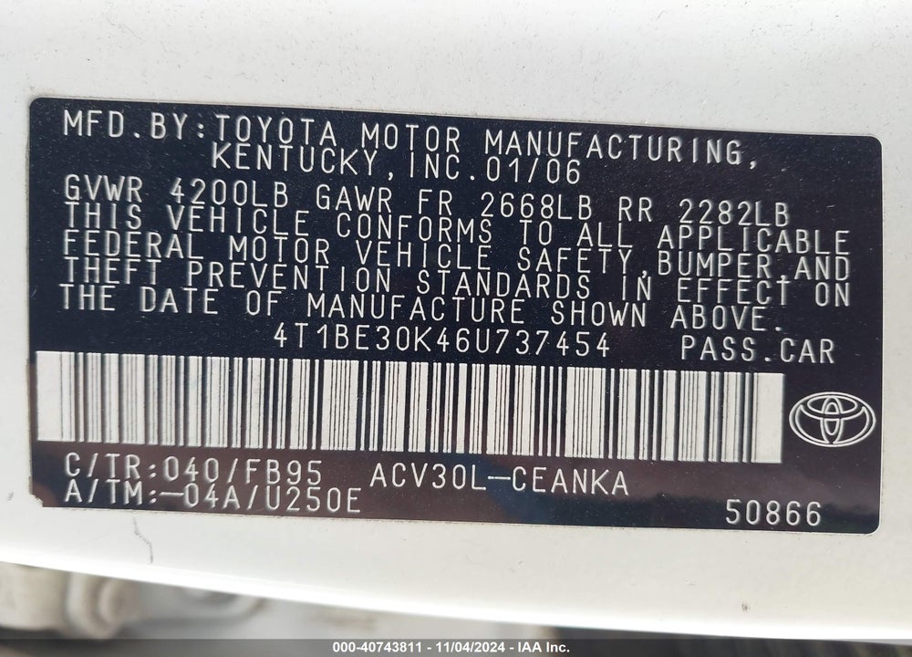 2006 TOYOTA CAMRY LE VIN: 4T1BE30K46U737454