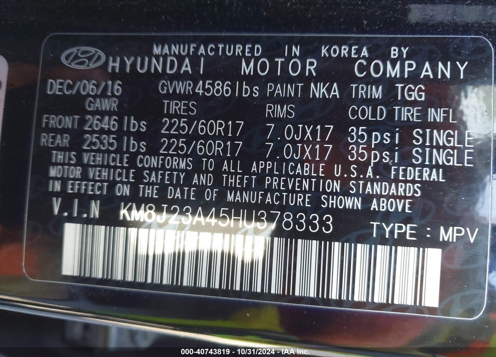 2017 HYUNDAI TUCSON SE VIN: KM8J23A45HU378333