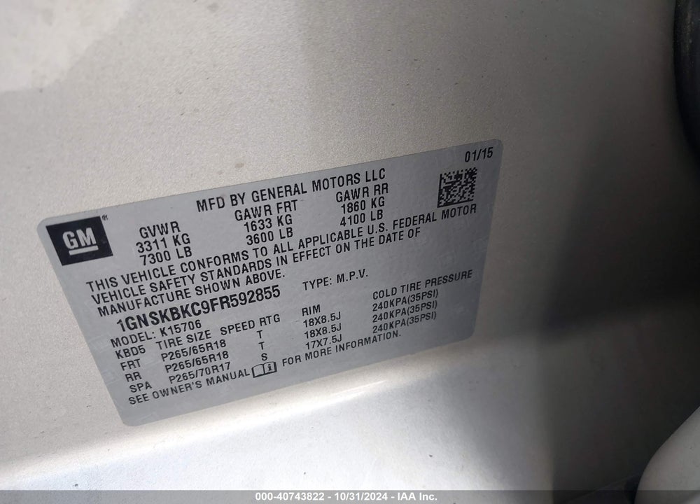 2015 CHEVROLET TAHOE LT VIN: 1GNSKBKC9FR592855
