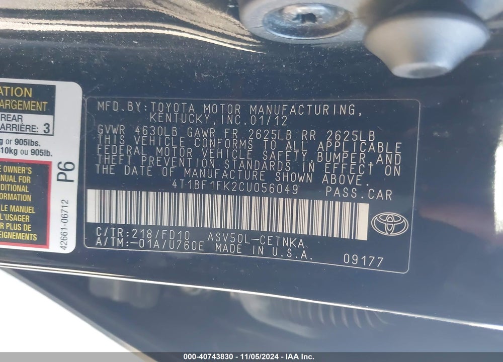 2012 TOYOTA CAMRY LE VIN: 4T1BF1FK2CU056049