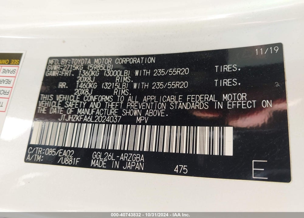 2020 LEXUS RX 350L VIN: JTJHZKFA6L2024037
