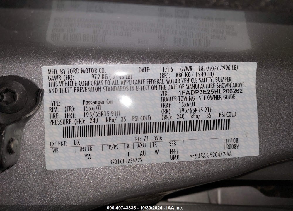 2017 FORD FOCUS S VIN: 1FADP3E25HL206262