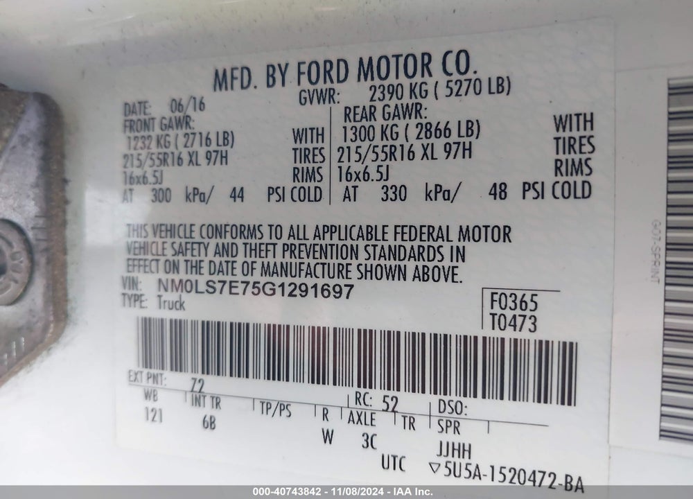 2016 FORD TRANSIT CONNECT XL VIN: NM0LS7E75G1291697