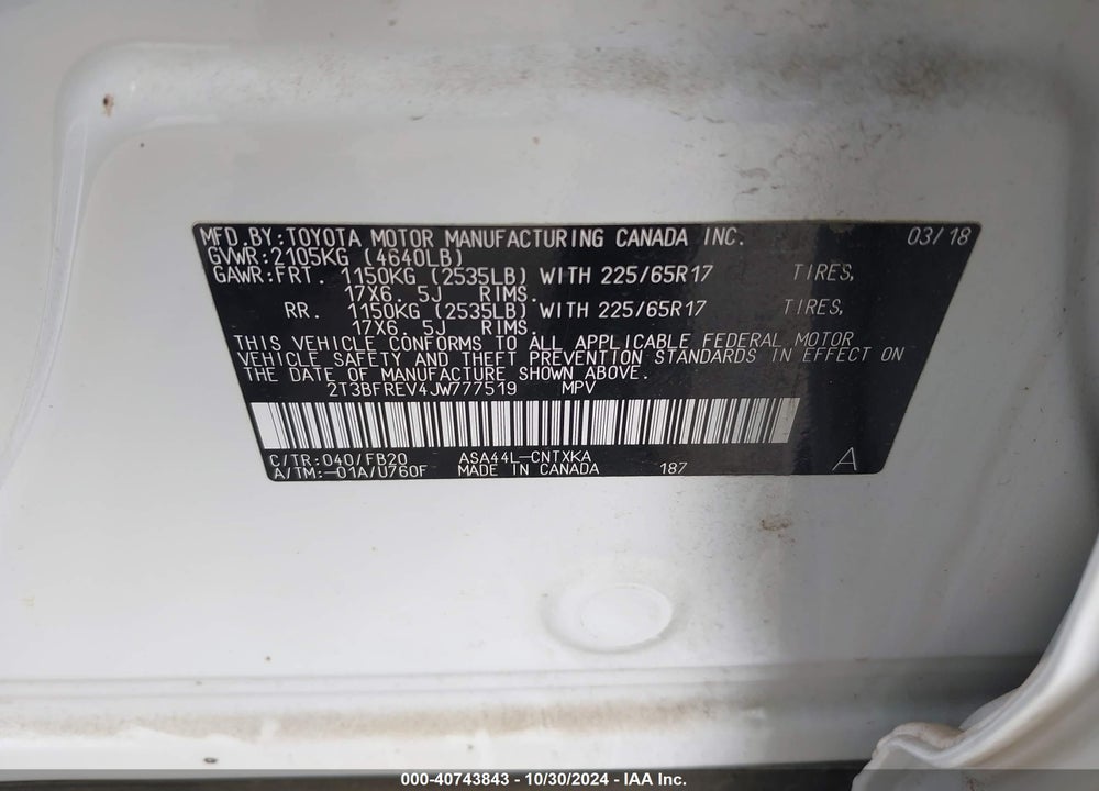 2018 TOYOTA RAV4 LE VIN: 2T3BFREV4JW777519