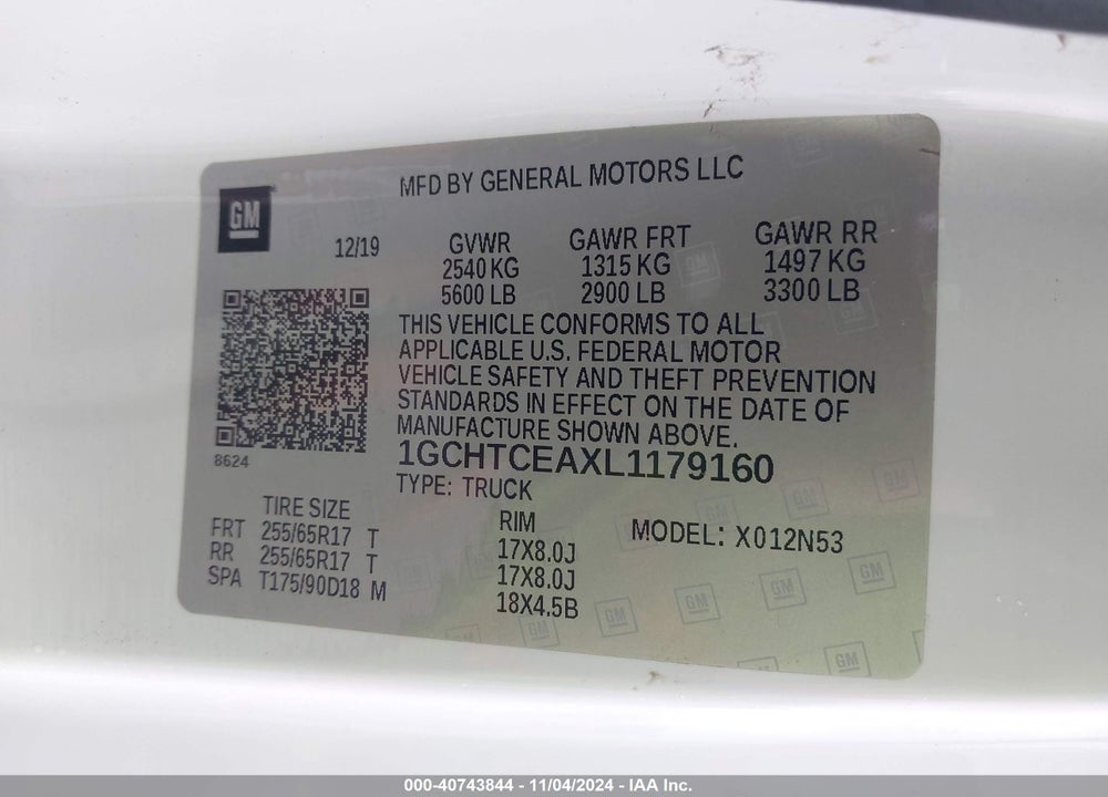 2020 CHEVROLET COLORADO 4WD LONG BOX LT VIN: 1GCHTCEAXL1179160