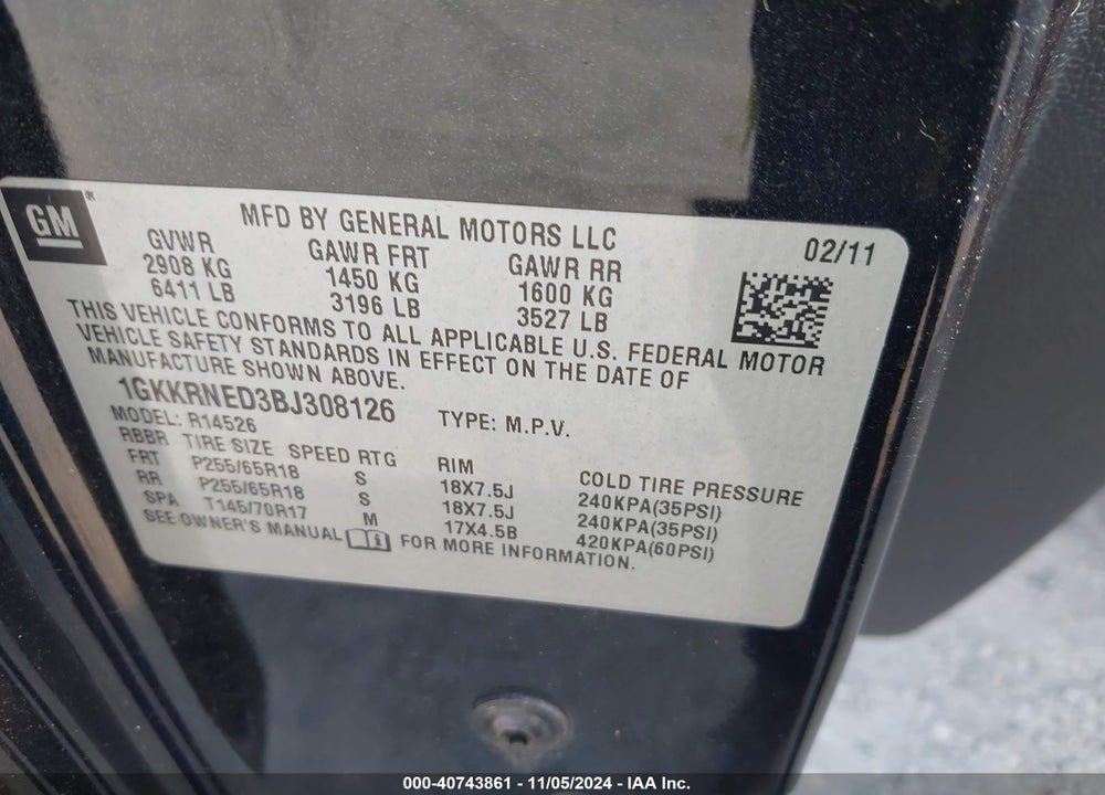 2011 GMC ACADIA SL VIN: 1GKKRNED3BJ308126