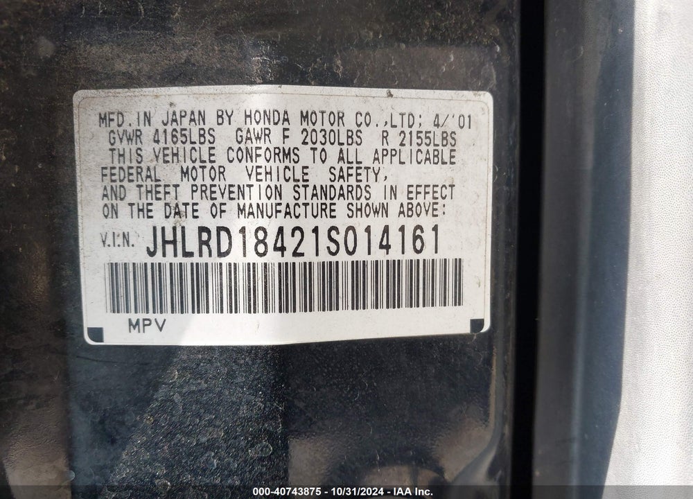 2001 HONDA CR-V LX VIN: JHLRD18421S014161