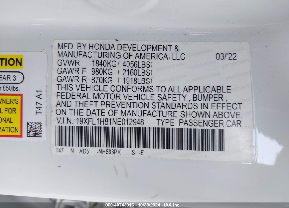 2022 HONDA CIVIC SPORT TOURING VIN: 19XFL1H81NE012948