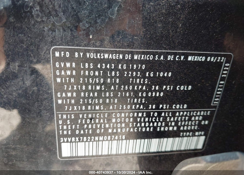 2022 VOLKSWAGEN TAOS 1.5T SE VIN: 3VVRX7B22NM087416