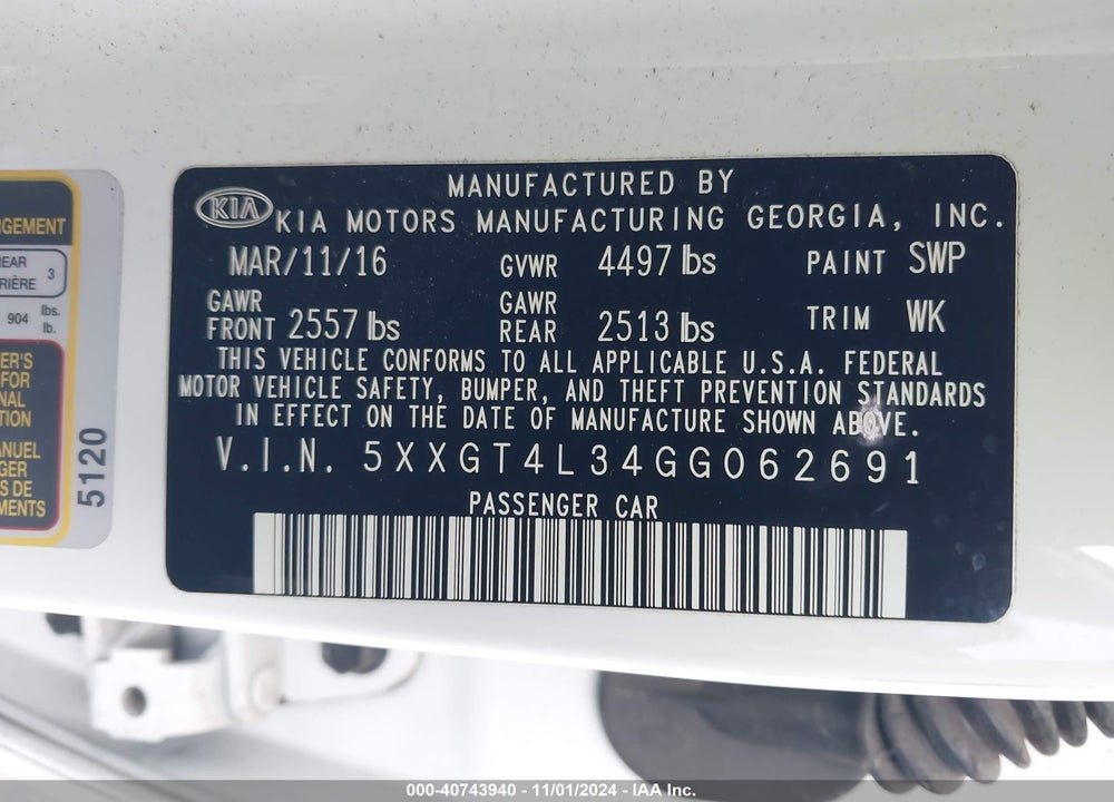 2016 KIA OPTIMA LX VIN: 5XXGT4L34GG062691