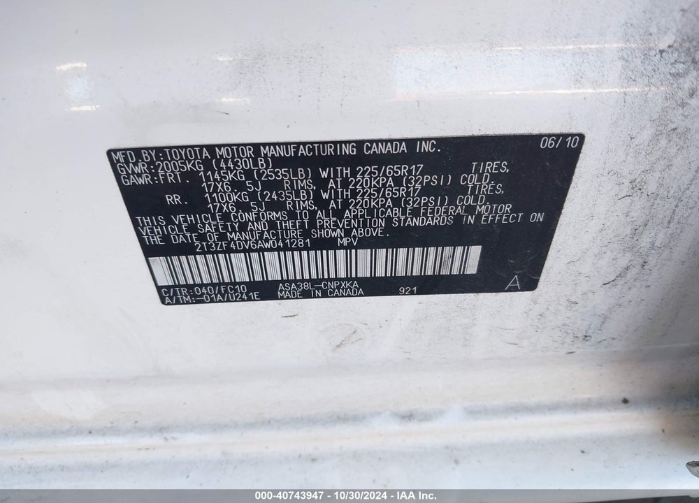 2010 TOYOTA RAV4 VIN: 2T3ZF4DV6AW041281