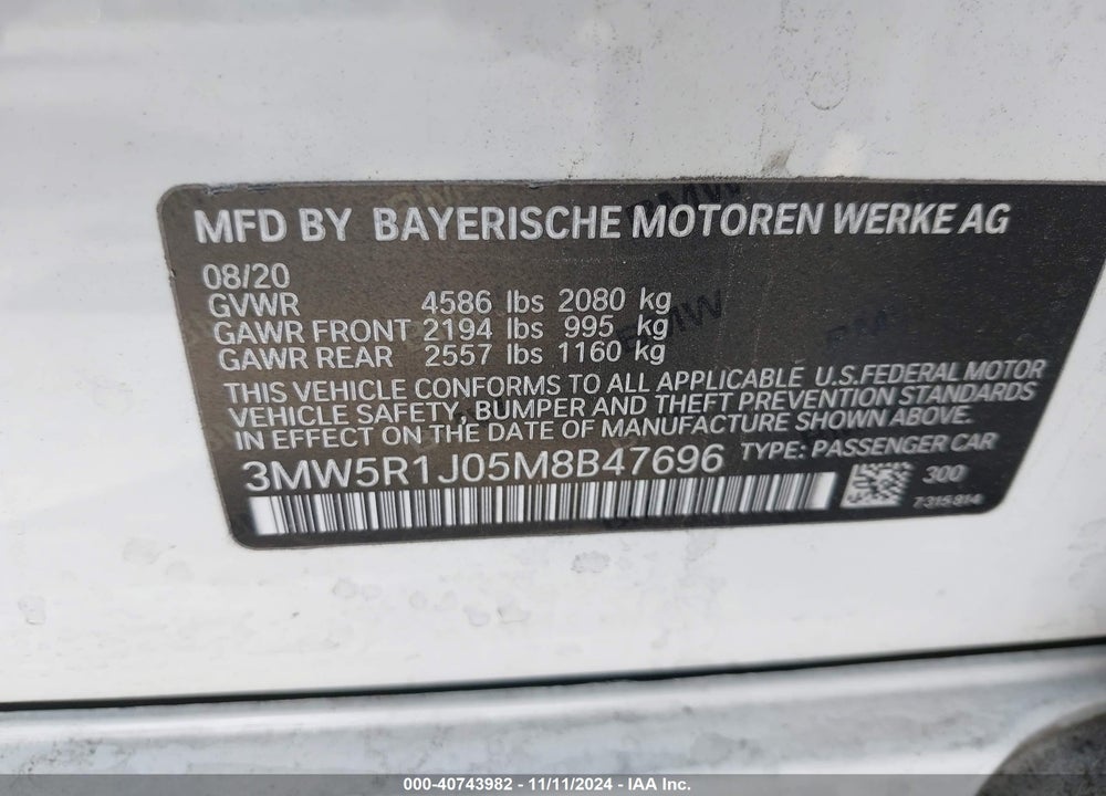 2021 BMW 330I VIN: 3MW5R1J05M8B47696
