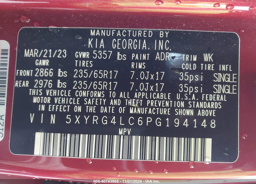 2023 KIA SORENTO LX VIN: 5XYRG4LC6PG194148