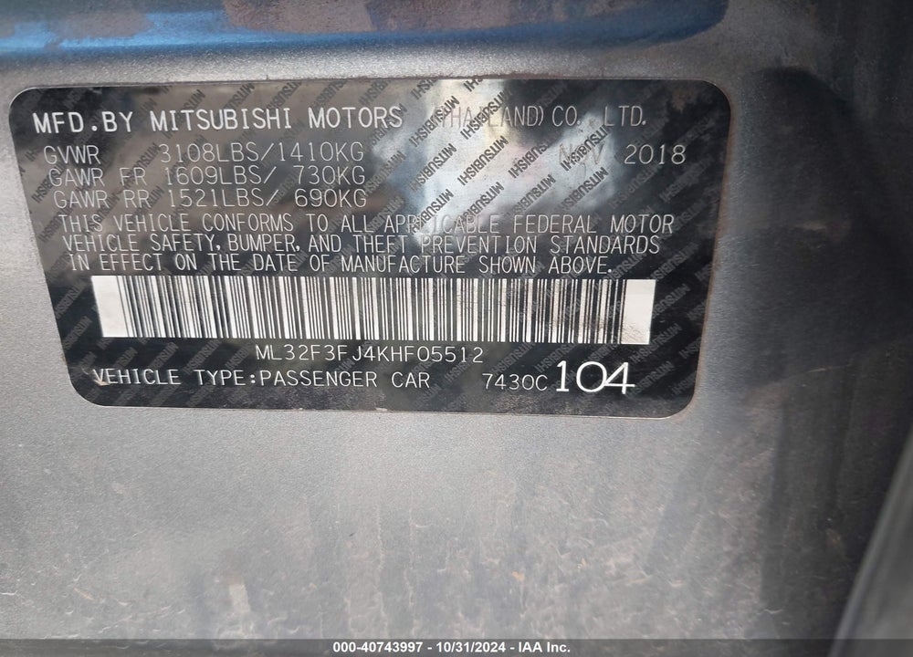 2019 MITSUBISHI MIRAGE G4 ES VIN: ML32F3FJ4KHF05512