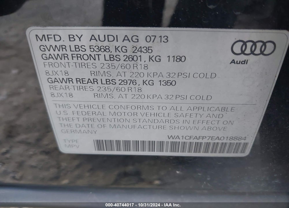 2014 AUDI Q5 2.0T PREMIUM VIN: WA1CFAFP7EA018884