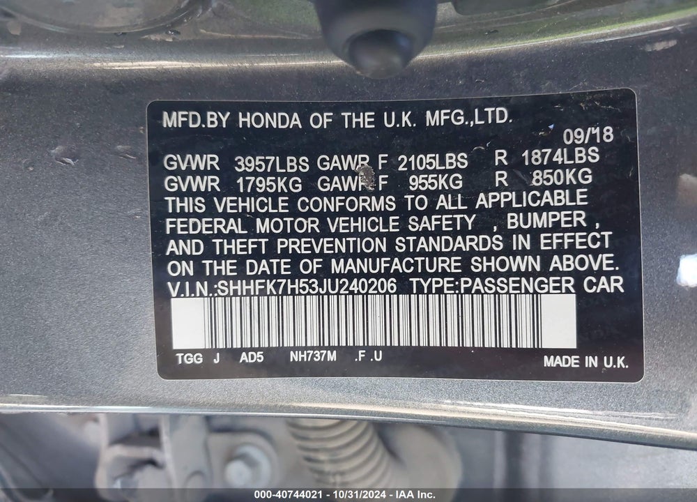 2018 HONDA CIVIC VIN: SHHFK7H53JU240206