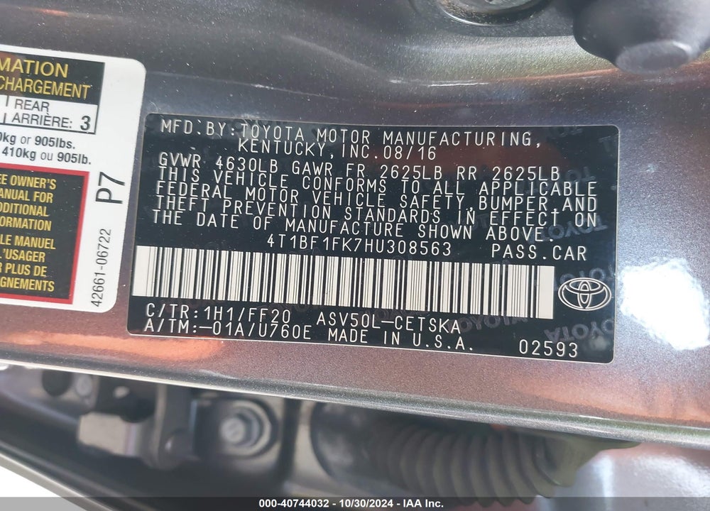 2017 TOYOTA CAMRY SE VIN: 4T1BF1FK7HU308563