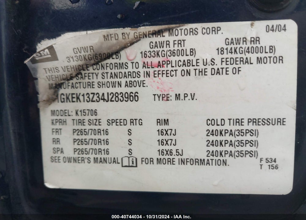 2004 GMC YUKON VIN: 1GKEK13Z34J283966