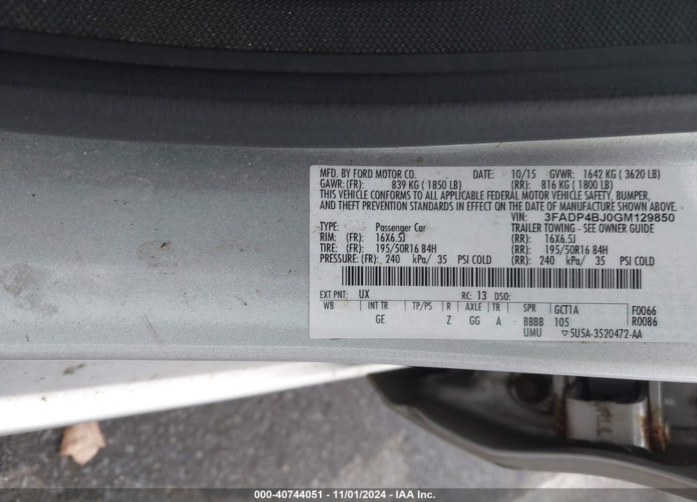 2016 FORD FIESTA SE VIN: 3FADP4BJ0GM129850