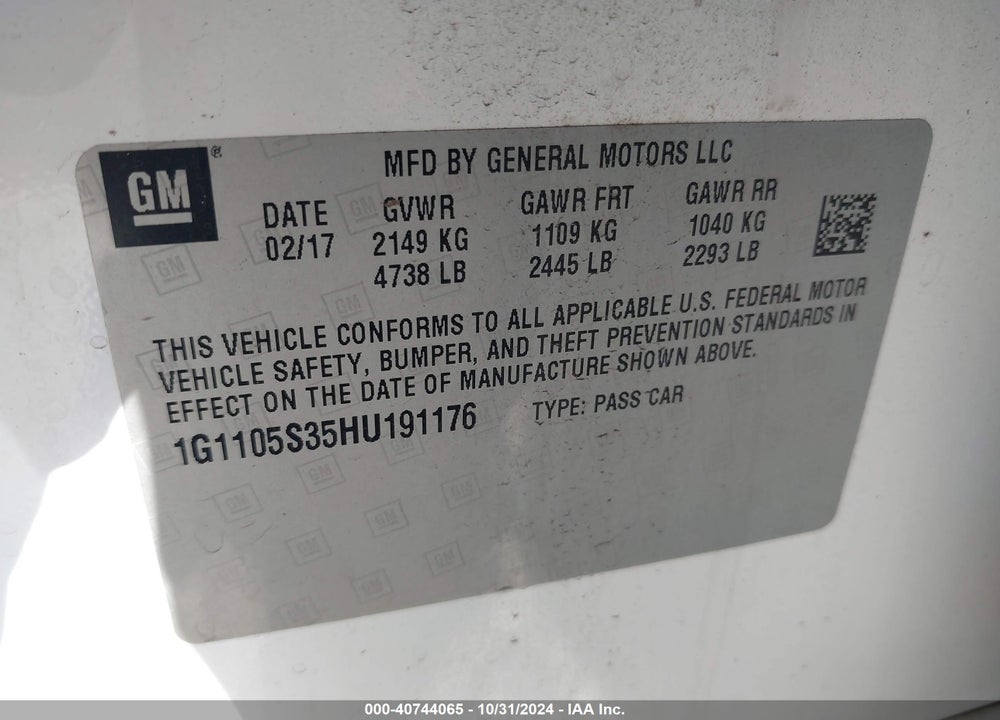 2017 CHEVROLET IMPALA 1LT VIN: 1G1105S35HU191176
