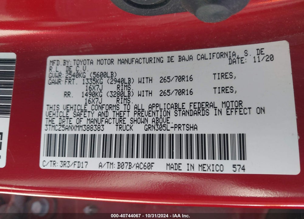 2021 TOYOTA TACOMA TRD OFF ROAD VIN: 3TMCZ5ANXMM388383